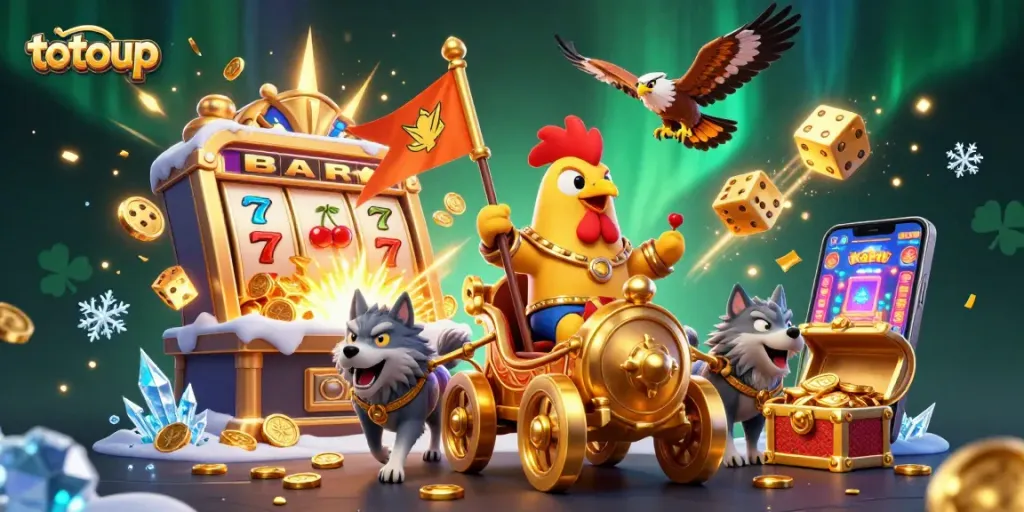 Win big with totoup as a cartoon rooster warlord leads a slot jackpot celebration in a vibrant casino