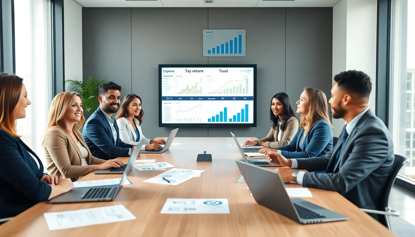 Corporate Tax Return Filing in UAE scene with diverse professionals collaborating over tax documents in a modern office.