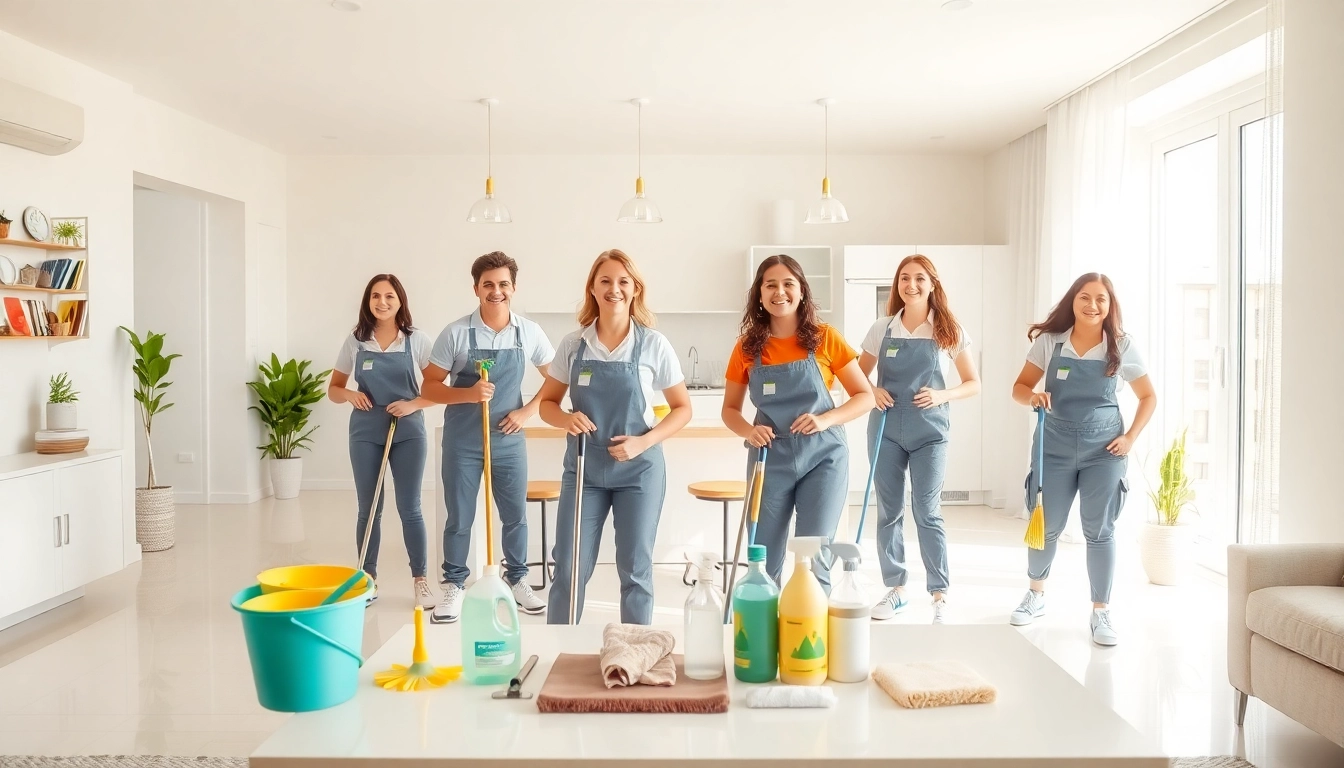 Cleaning Service team working diligently in a bright, clean home demonstrating professionalism and teamwork.