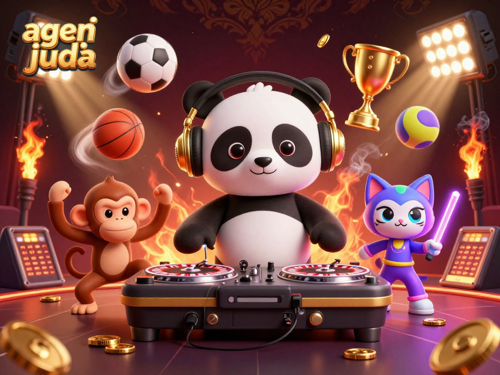Celebrate action in agen judi bola with DJ panda spinning wins, surrounded by vibrant sports balls.