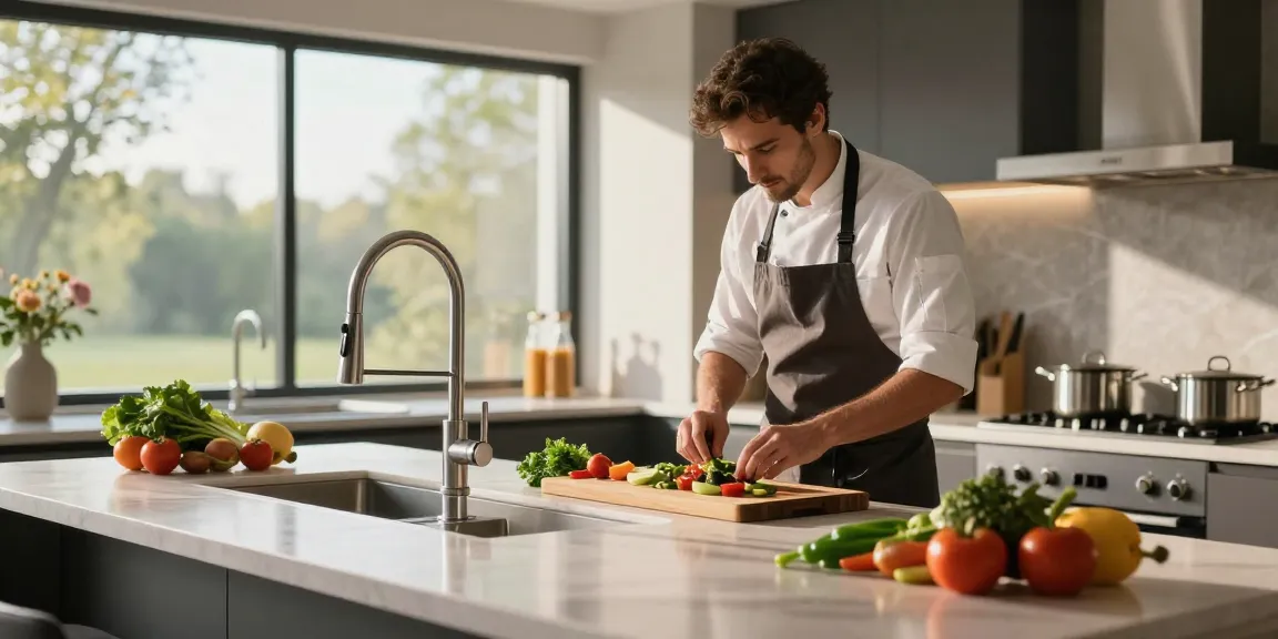 Elegant kitchen faucets amidst a chef's vibrant meal prep, showcasing stylish design and modern functionality.