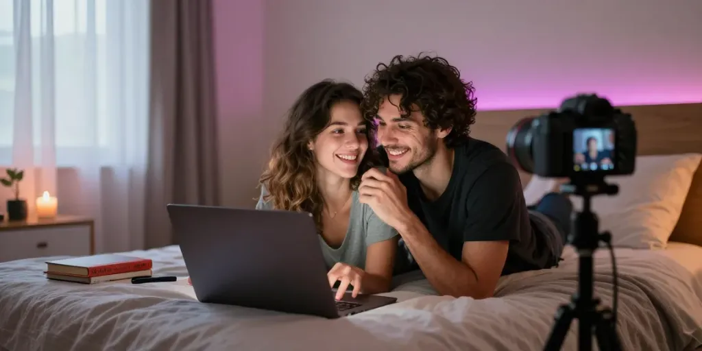 Engaging live sex webcam session in a cozy bedroom with soft lighting.