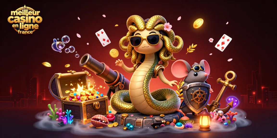 Illustration dynamique présentant la Medusa amicale, un guerrier souris et des éléments de jeu, pour le meilleur casino en ligne France.
