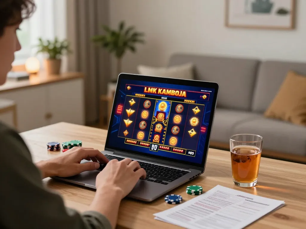 Engaged player using laptop for exciting link slot kamboja game in cozy home office.