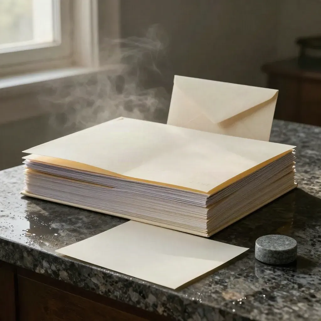 Cream SEO audit binder stack on rain-dark limestone with pages lifting in dawn mist.