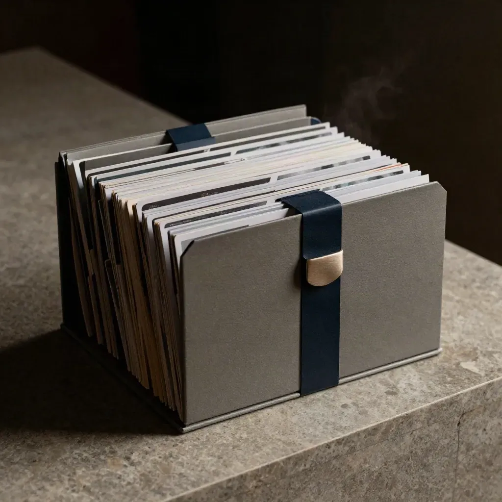 Charcoal campaign box with nested folders and clipped cards fanning open on a limestone plinth