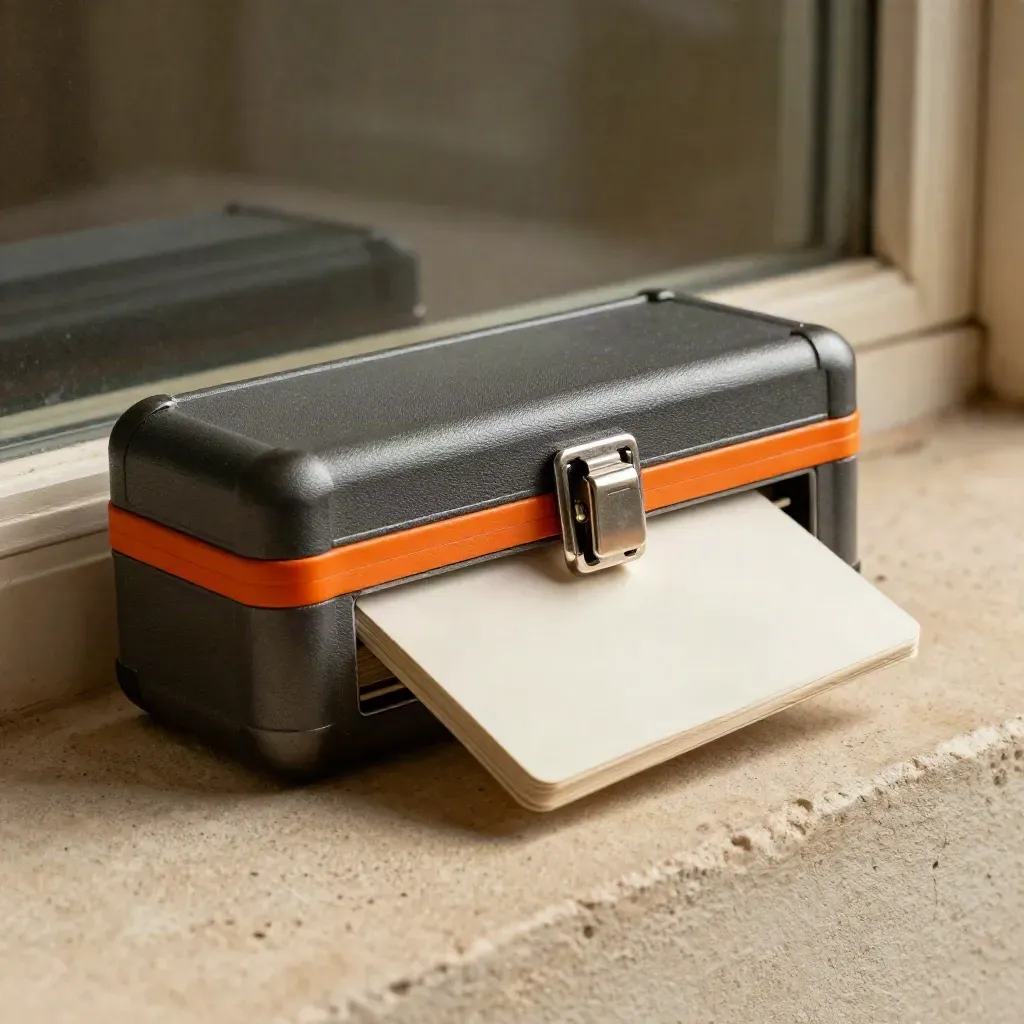 Charcoal ad sprint case with orange edge band and blank cards sweeping across sandstone.