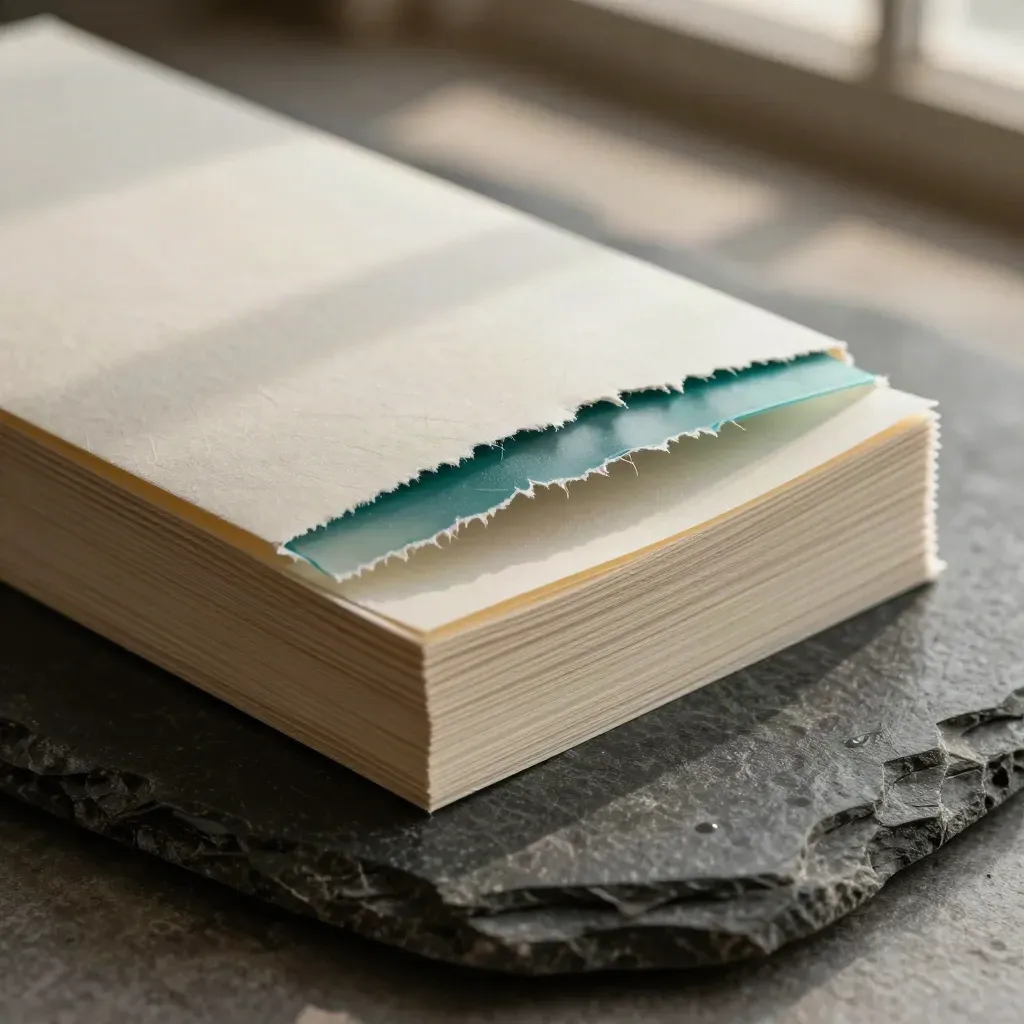 Cream SEO audit pack sleeve hovering over wet stone with teal marker strip and fog