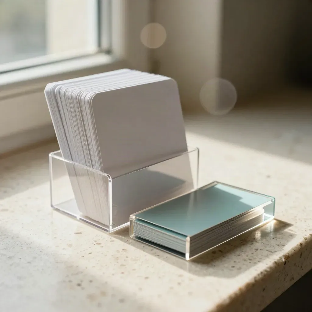 Blank social ad pack cards in clear sleeve with acrylic block and teal tabs on travertine