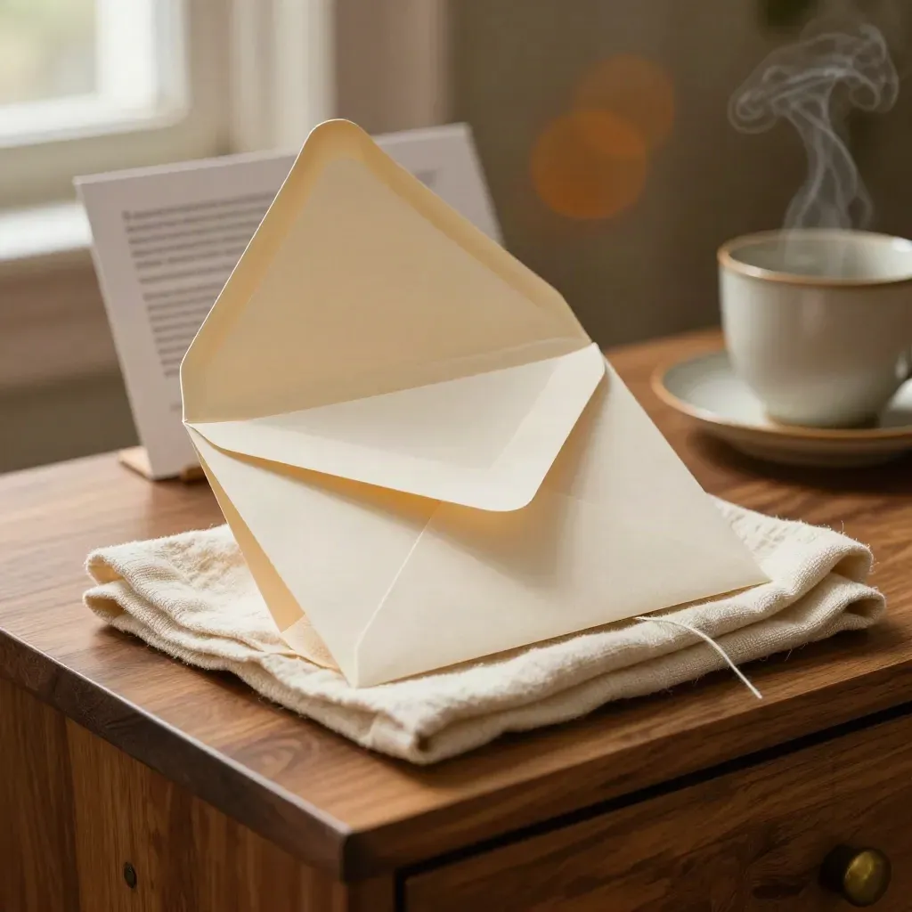 Ivory email nurture set opening on a walnut sideboard with soft steam and warm window light.