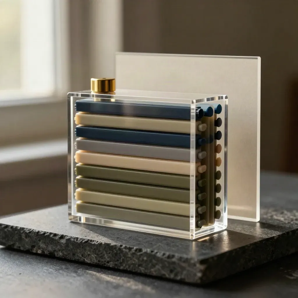 Clear acrylic tracker stack with brass weight and muted tabs on dark stone, lit by a passing shadow.