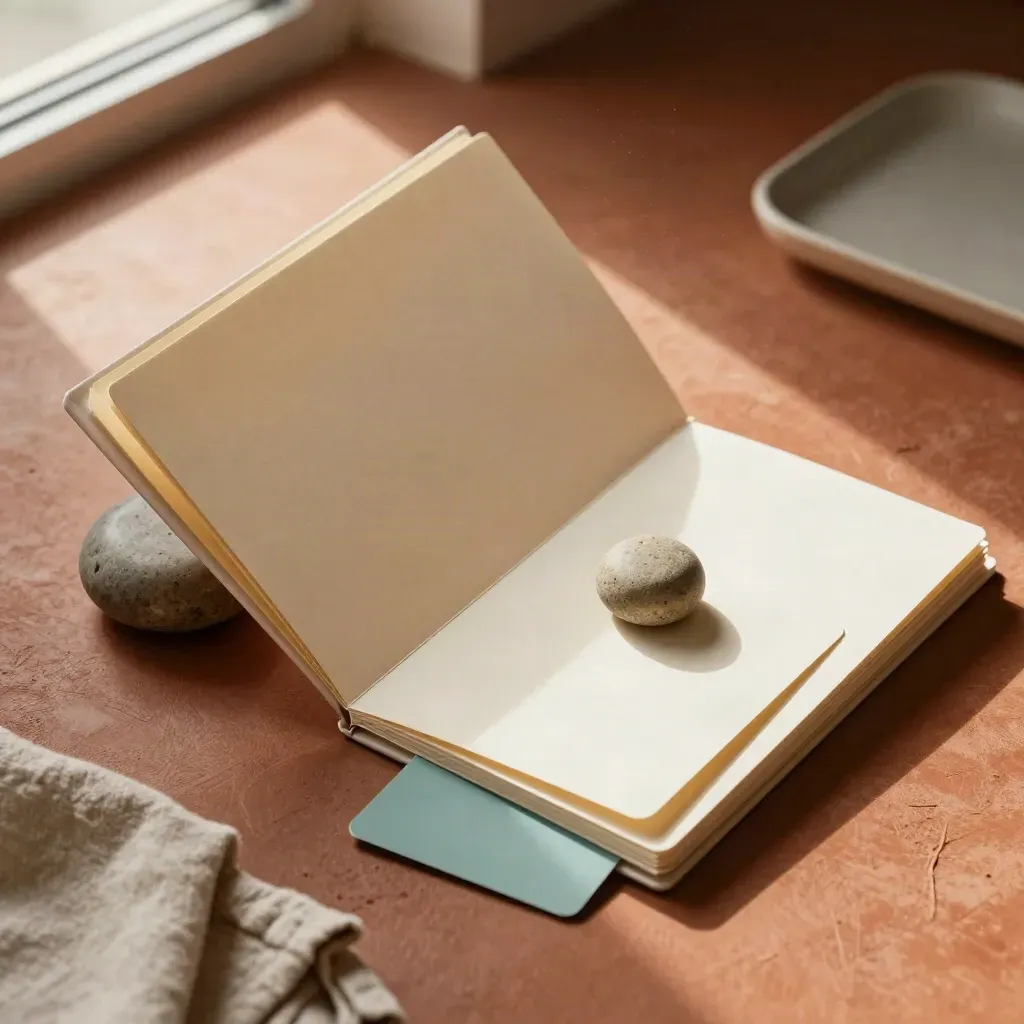 Cream brand audit folder, stone weight, blank cards and teal swatch on terracotta.