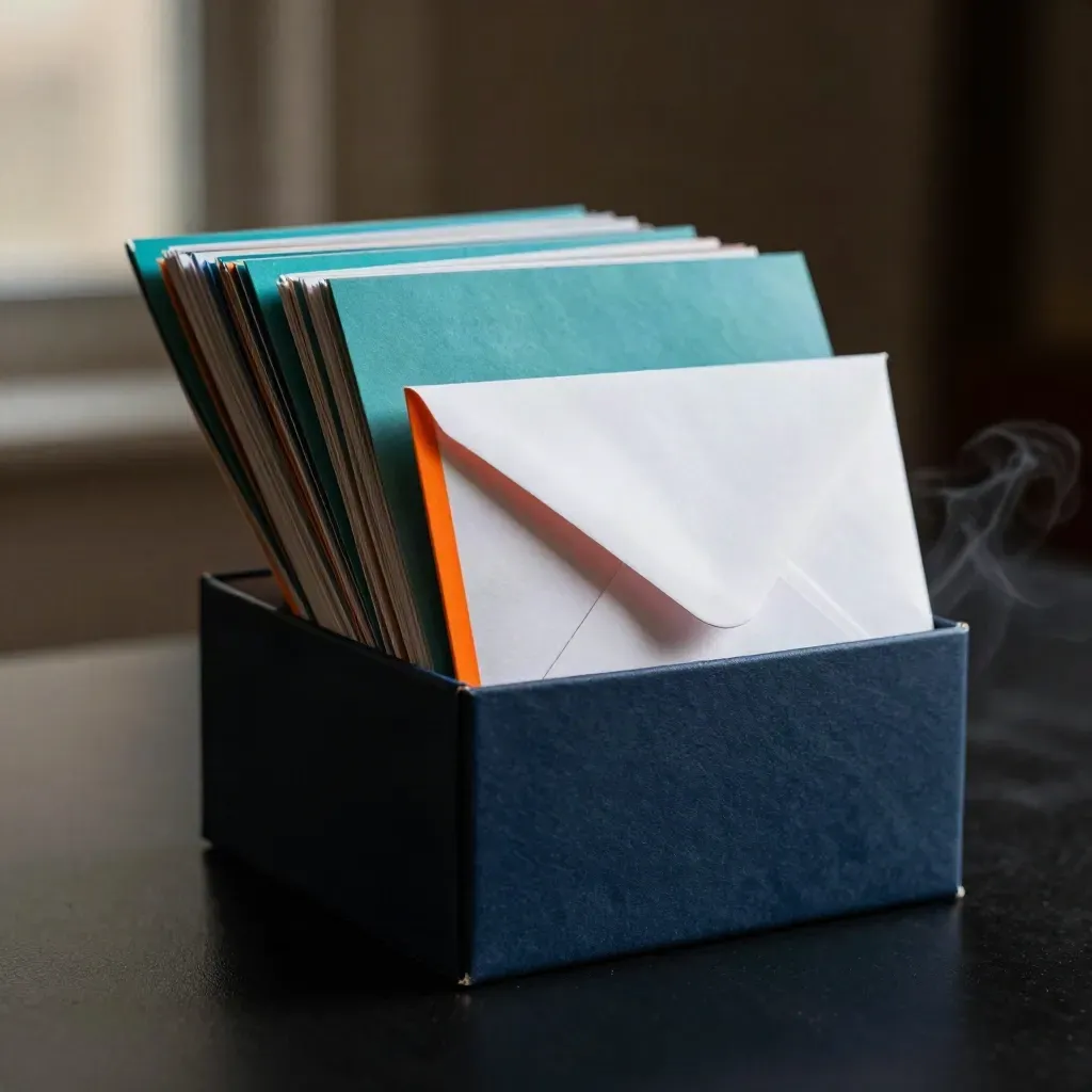 Macro of a navy box bundle with teal cards, white envelope and orange edge band on a dark surface.