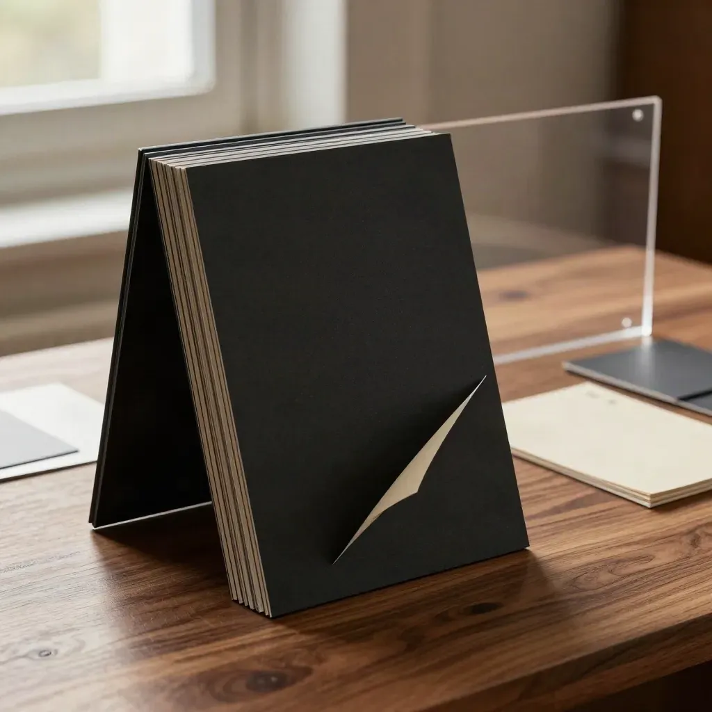 Slim black landing-page board with lifted corner cards on a walnut plinth.