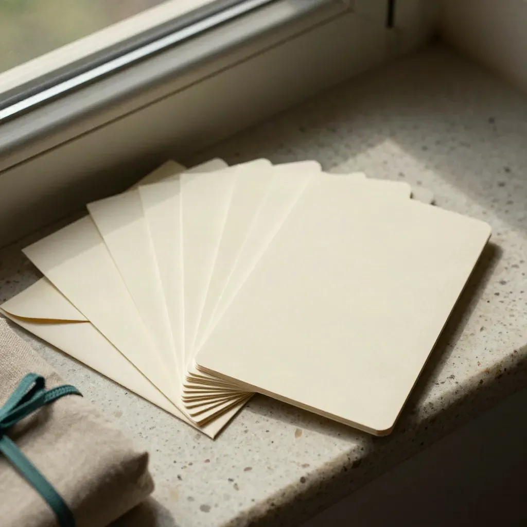 Fanned weekly content plan cards, pale envelope and linen wrap on a travertine ledge.