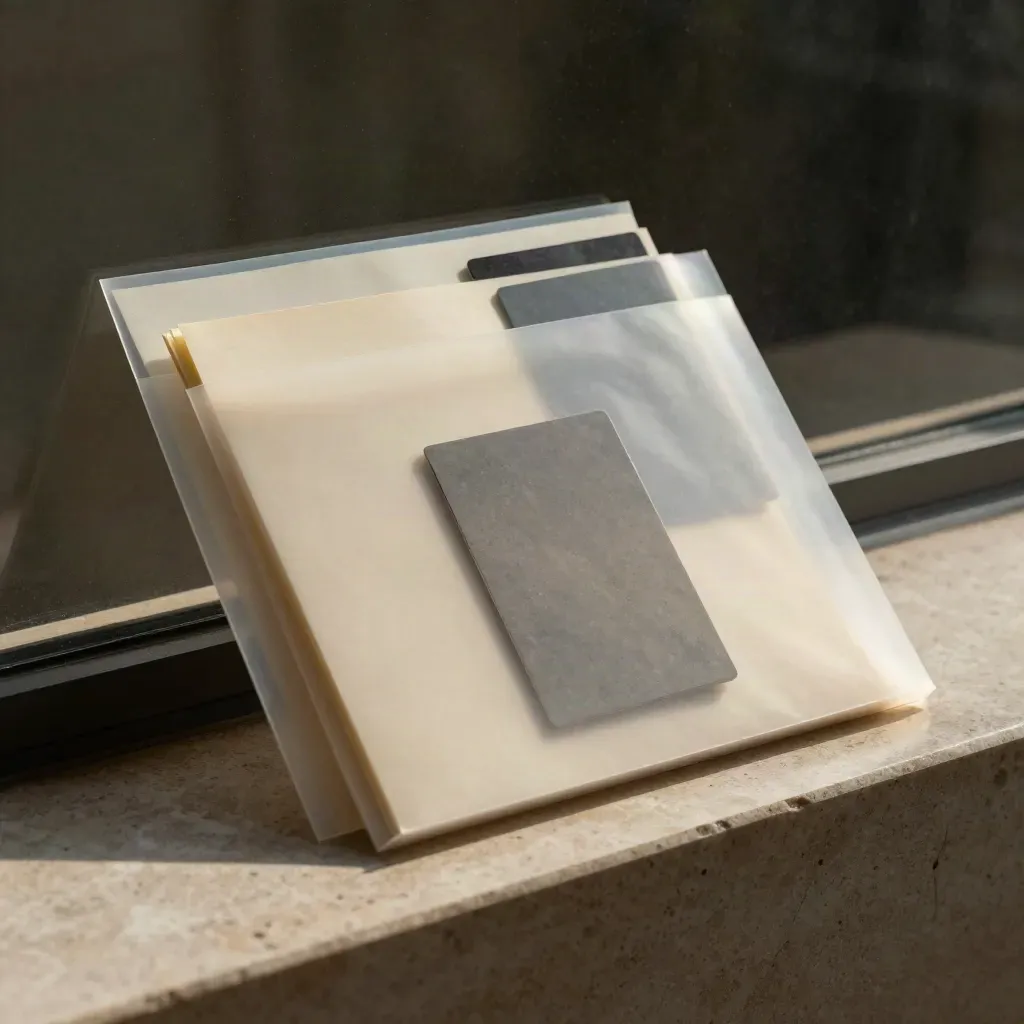 Translucent vellum sleeve with stone paperweight on limestone ledge, macro product study.