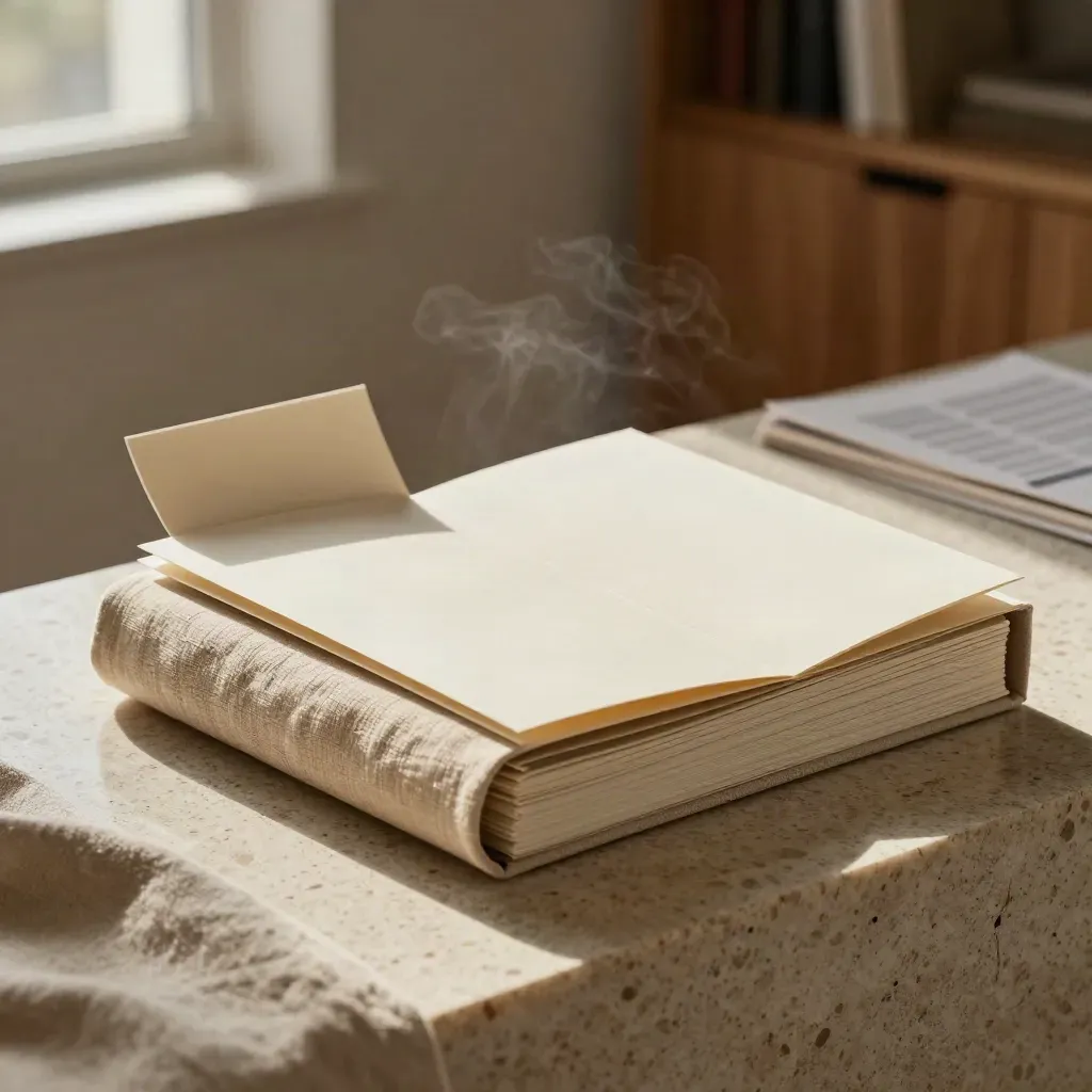 Open audit box with folders, linen wrap and split tab on travertine in soft studio light.