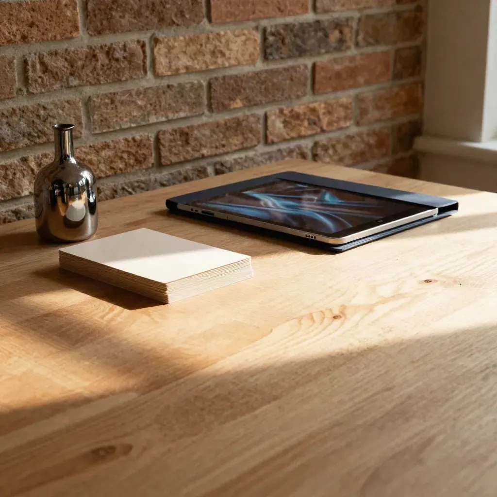 Sunlit oak tabletop with chrome vase, sample cards, and tablet against glazed brick.