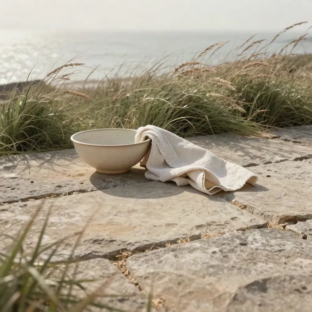 Coastal stone terrace with grasses, ceramic bowl and folded cloth above a misty open foreground.