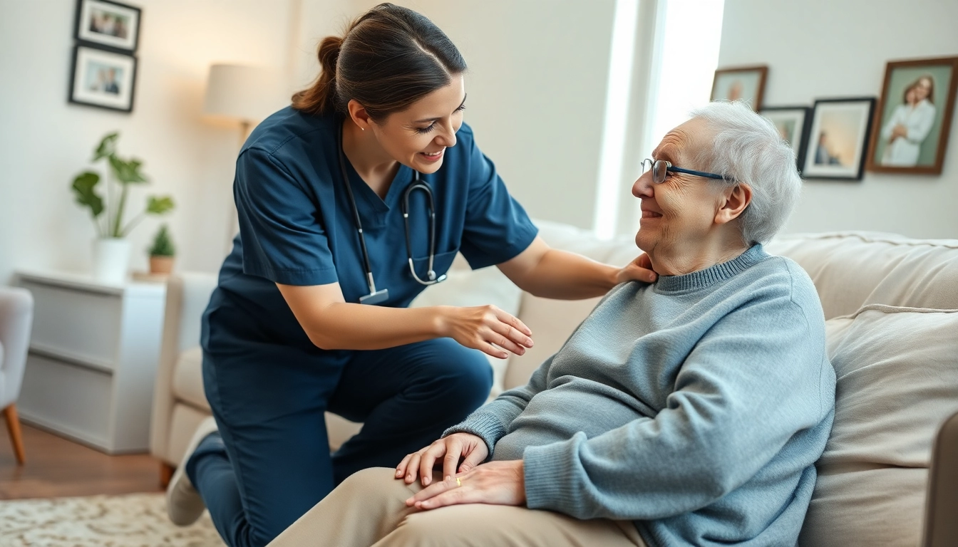 At home health care services providing compassionate support to seniors in a comfortable living room.