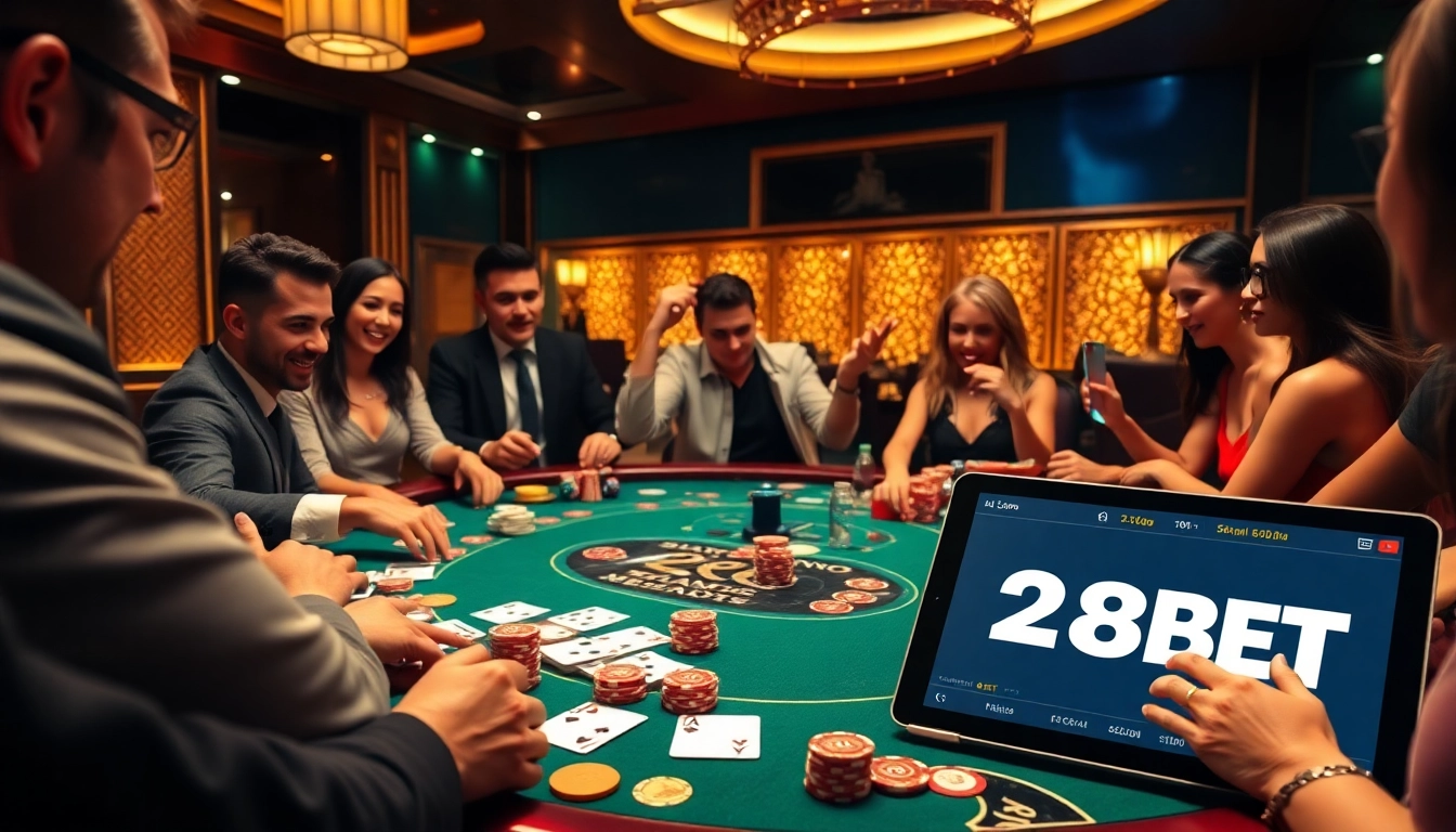 Players engaging in a thrilling poker game at a casino table with the 28BET logo prominently displayed.