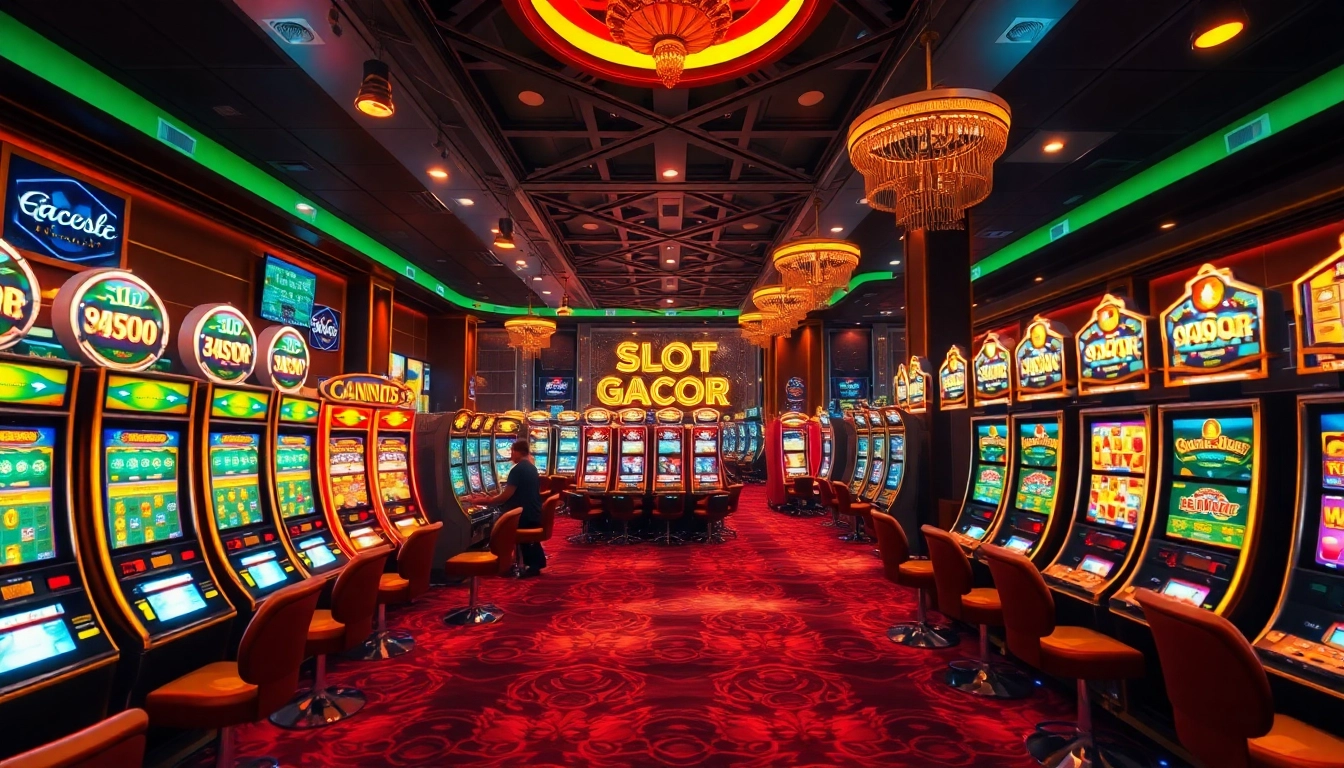 Engaging scene of players enjoying slot gacor machines in a luxurious casino atmosphere.