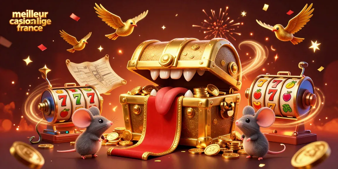 Illustration dynamique attirante avec un coffre au trésor 3D et des souris aventurières au meilleur casino en ligne France.