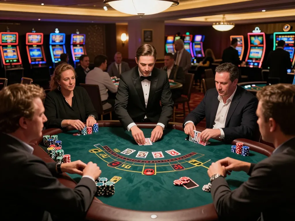 MM88 blackjack action at a casino table with players engaging and a dealer dealing cards.