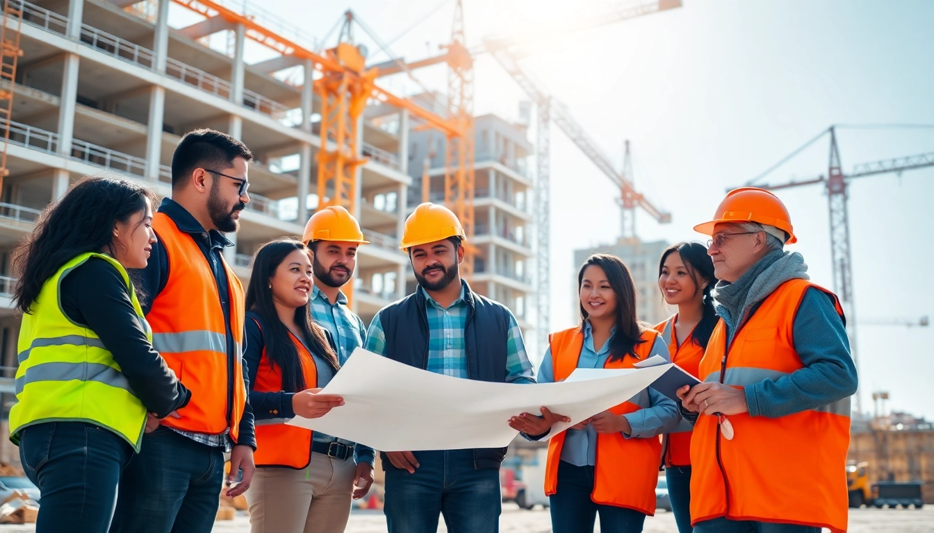 Team of construction members collaborating at a busy site, showcasing unity in a construction member organization.
