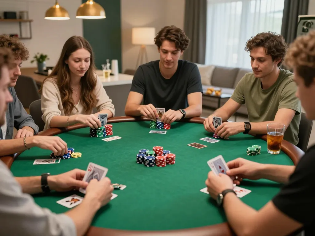 Friends enjoying a lively poker game at home while using sunwinapk for strategic betting.