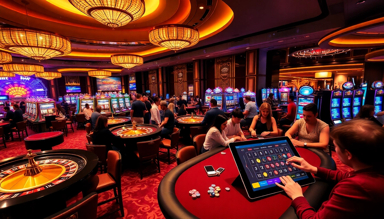 SODO Casino players strategizing at poker tables with vibrant slot machines in the background.