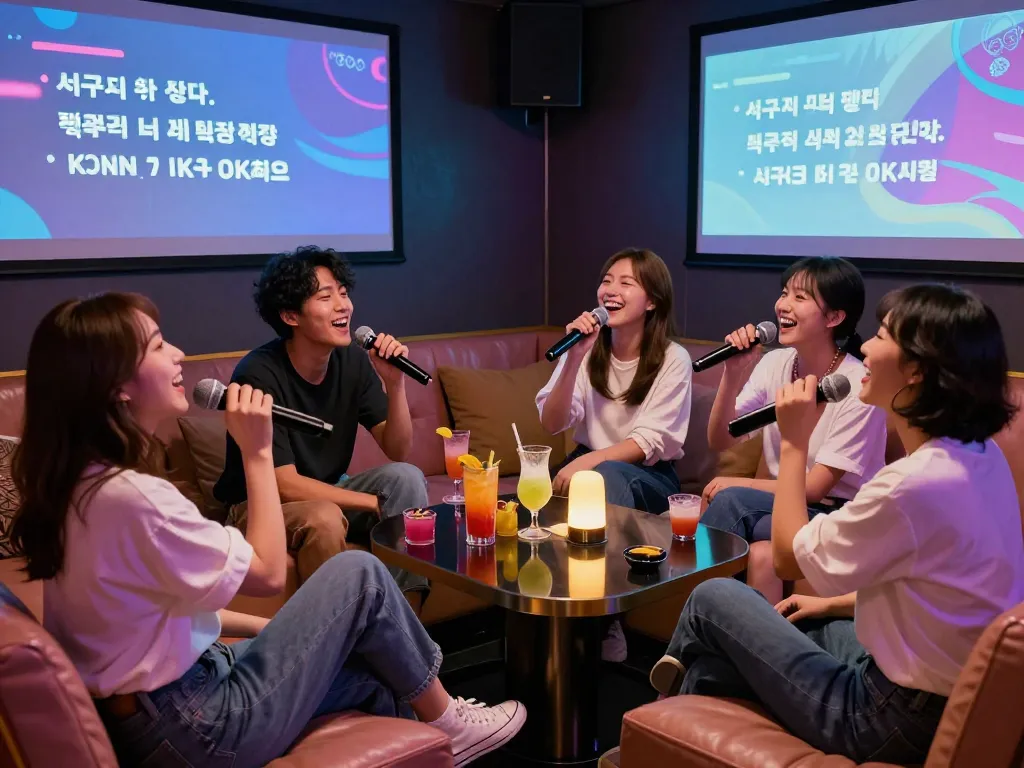 친구들과 함께 음료수와 웃음이 넘치는 활기찬 개인 방에서 노래방을 즐기는 모습: https://www.3no.org/seo