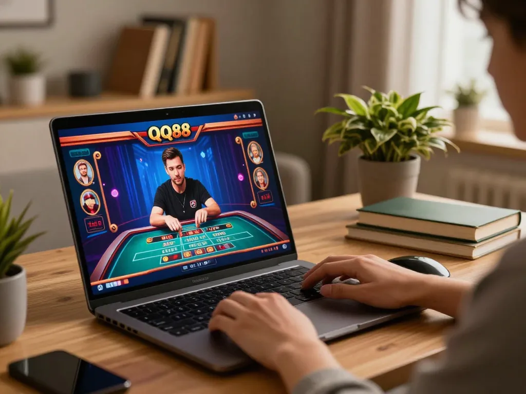 Engaged player enjoys QQ88 live dealer games on a laptop, showcasing strategic online gaming experience.