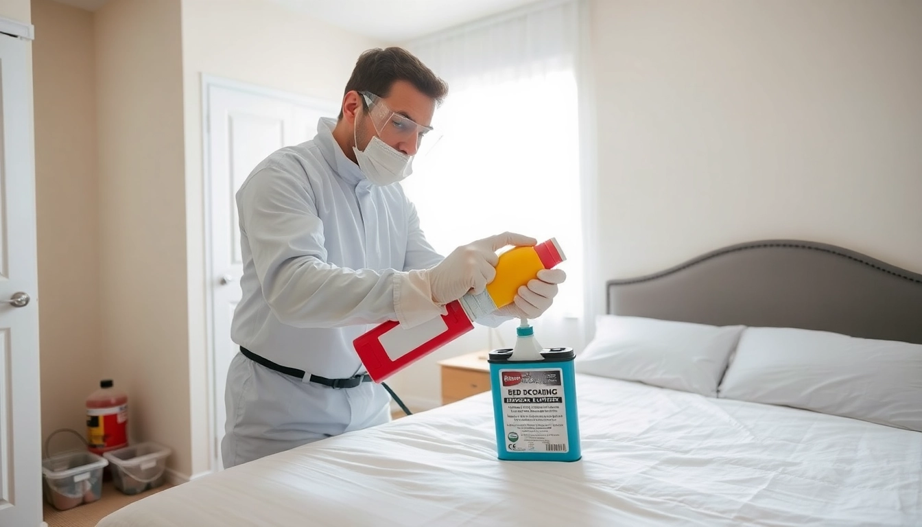 Technician conducts bed bug chemical treatment in a clean bedroom environment.