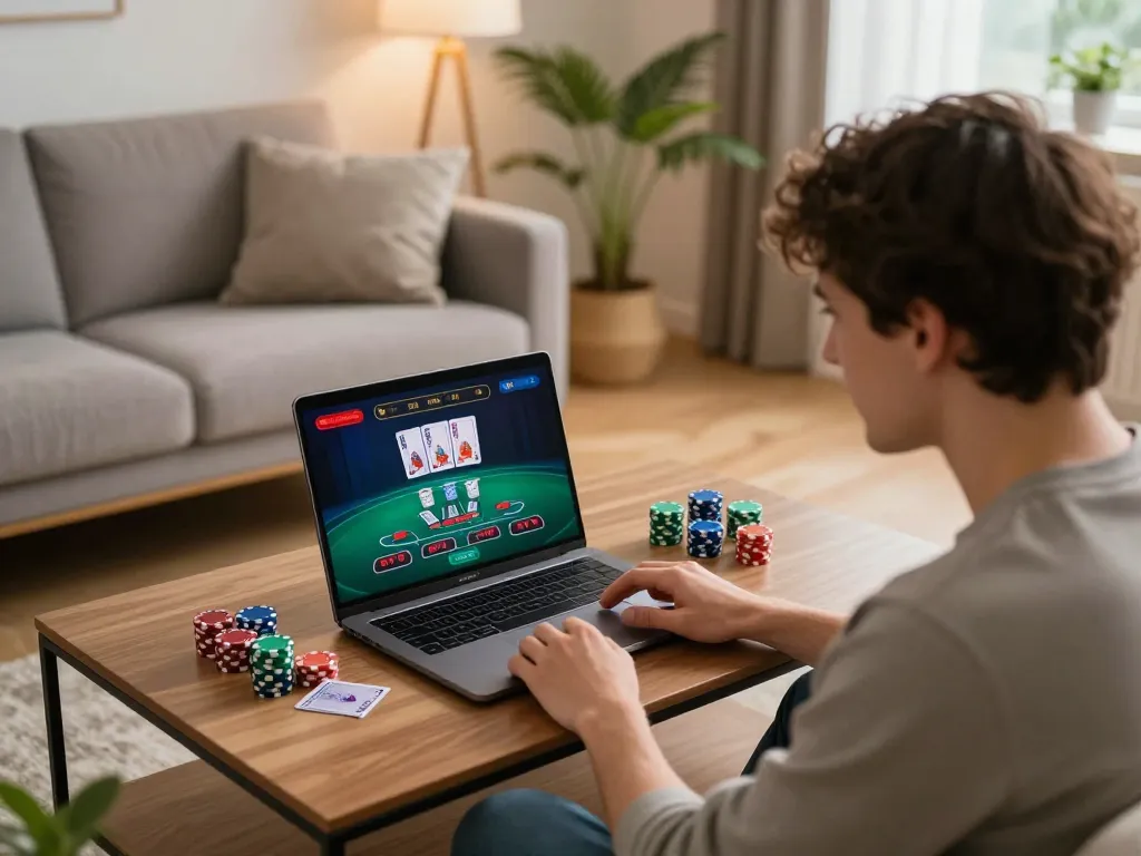 Player enjoying OK9 live dealer blackjack online, showcasing strategic gameplay in a cozy home setting