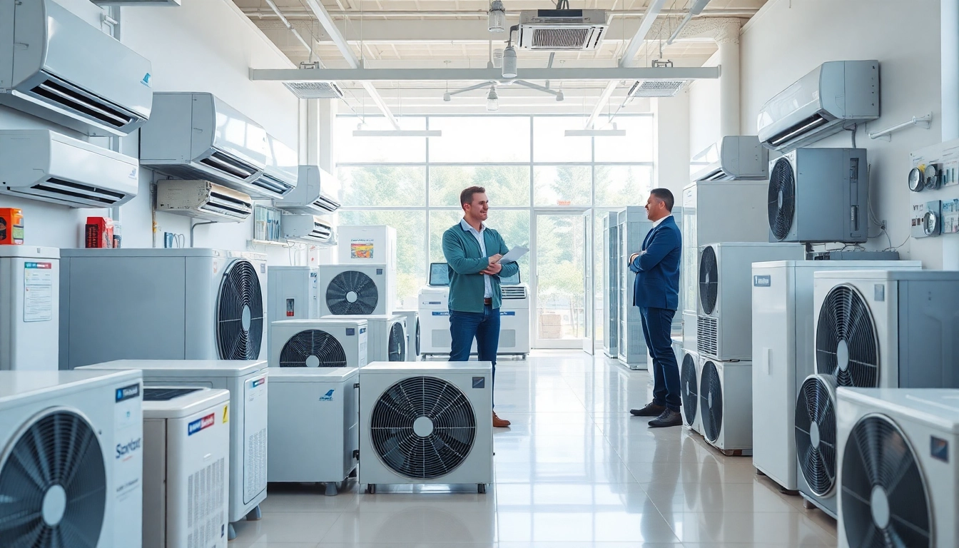 Customer interacting with an american standard hvac dealer in a bright showroom showcasing products.