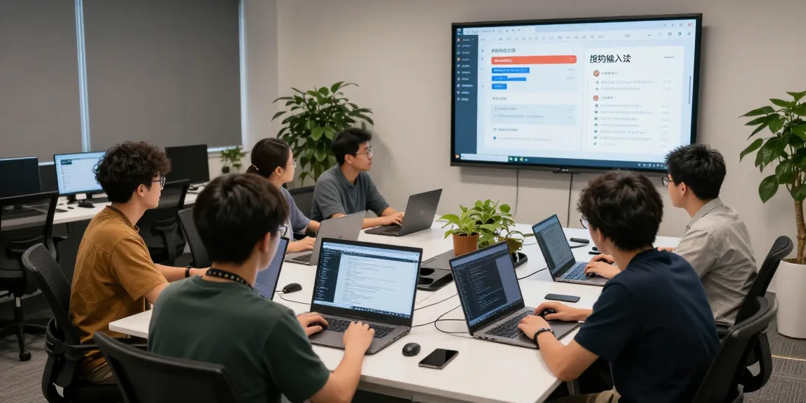 开发者在现代科技工作空间中合作开发搜狗输入法功能。
