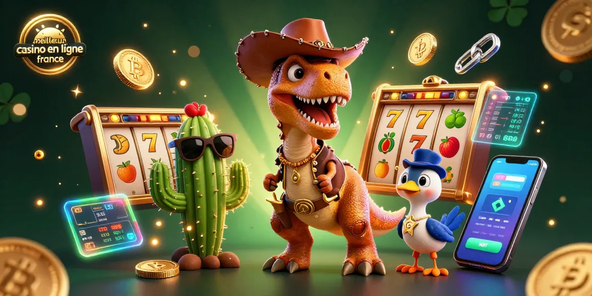 Visuel captivant illustrant le meilleur casino en ligne France avec un dinosaure cowboy jouant aux machines à sous.