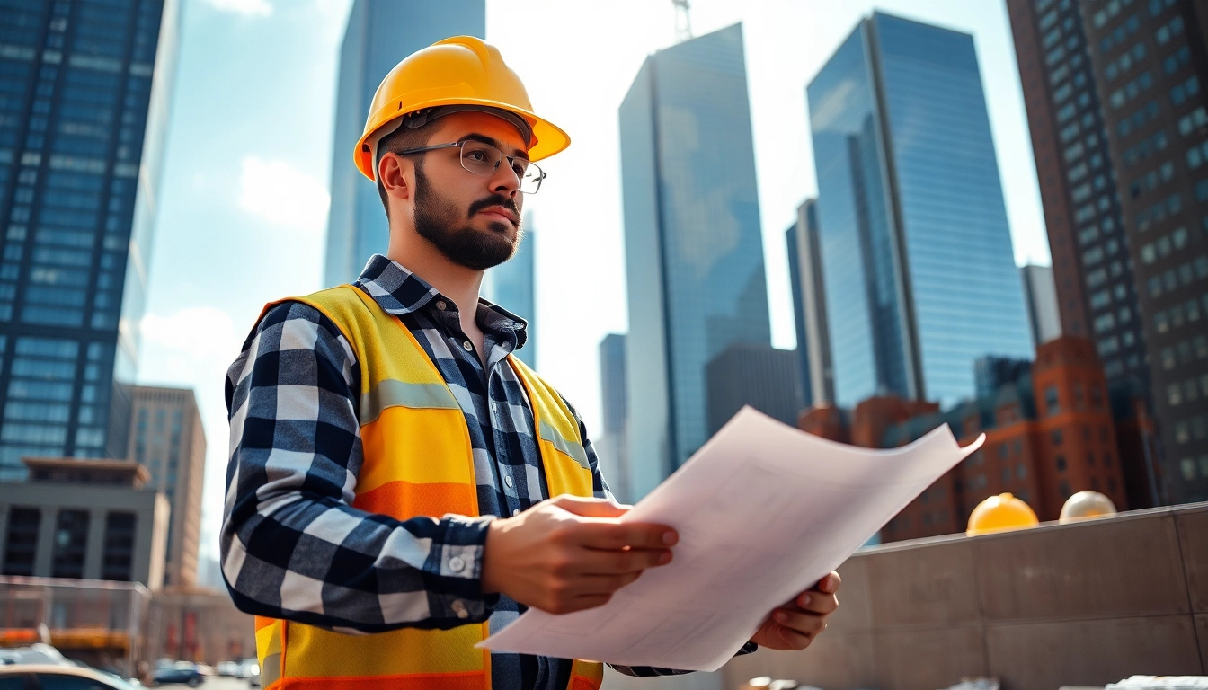 New York City General Contractor reviewing plans at a vibrant Manhattan construction site.
