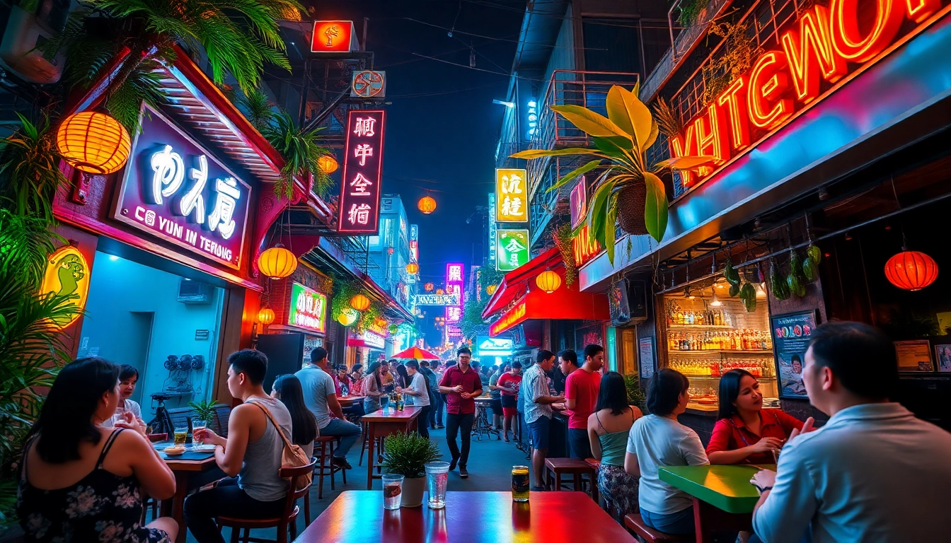 Vibrant nightlife in Ho Chi Minh City, showcasing 호치민밤문화 with neon lights, bars, and lively crowds.