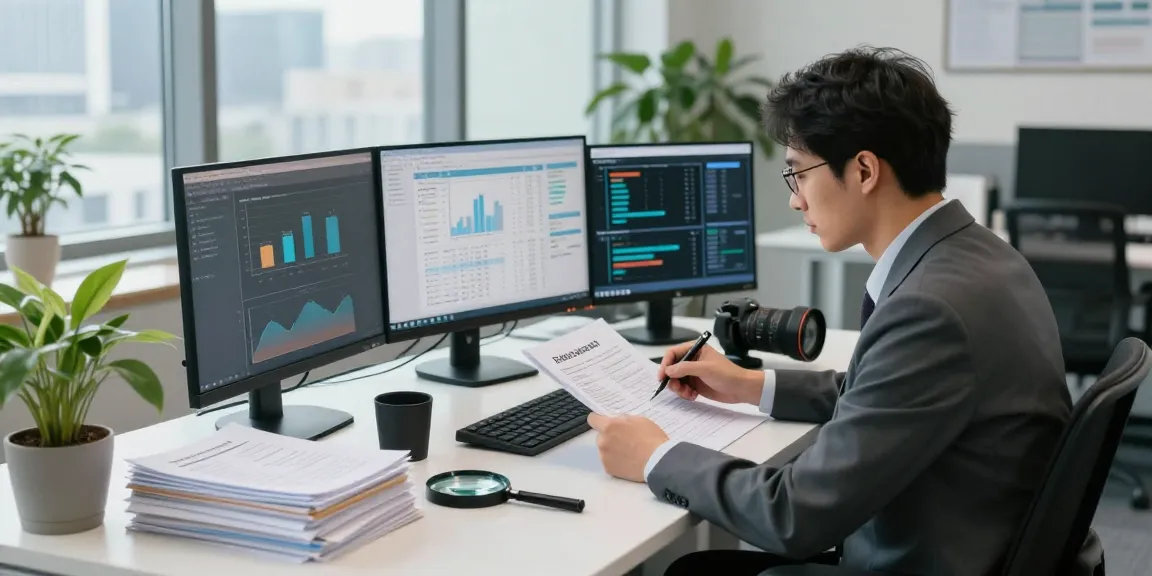 Proses audit forensik di aafikotacirebon.org dengan auditor menganalisis data keuangan di kantor modern.