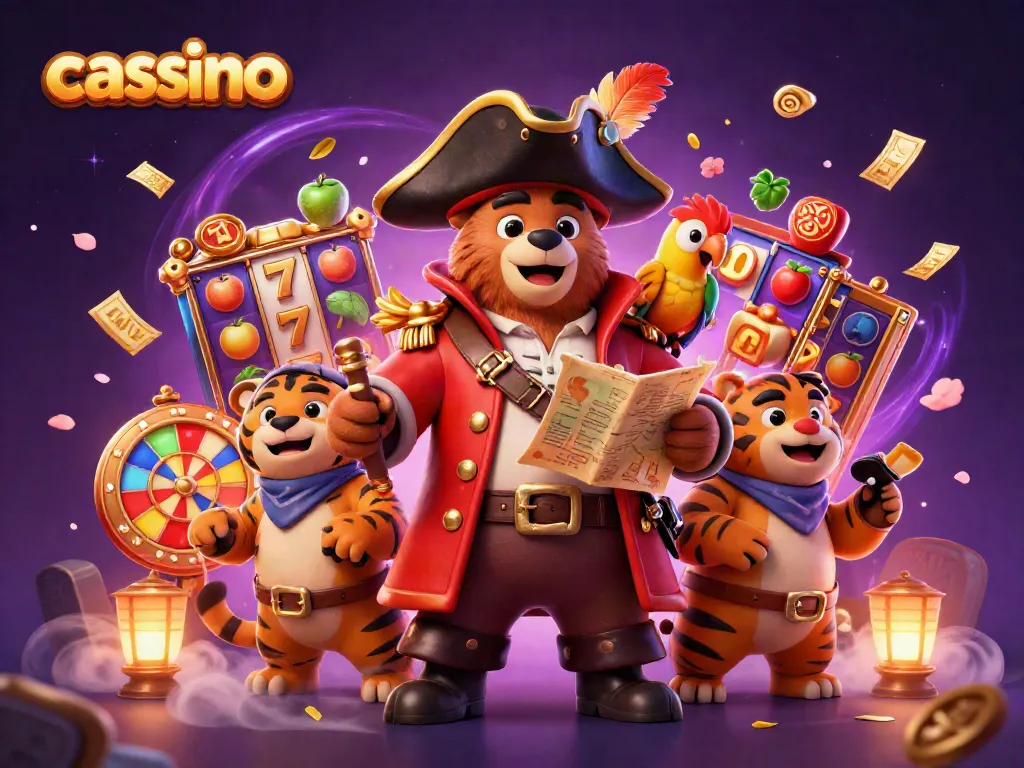 Engaging casino scene featuring a bear pirate captain, tiger, and rich slot elements.