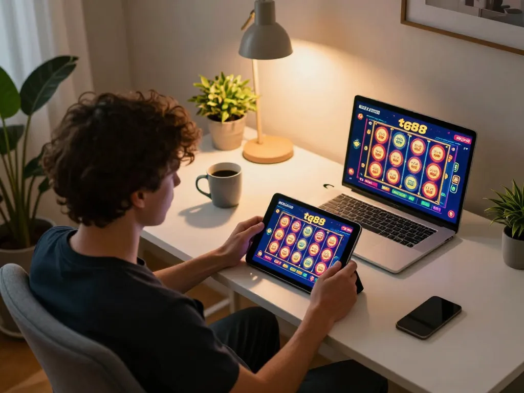 Player enjoying tg88 online casino slots on a tablet in a cozy home office with ambient lighting.