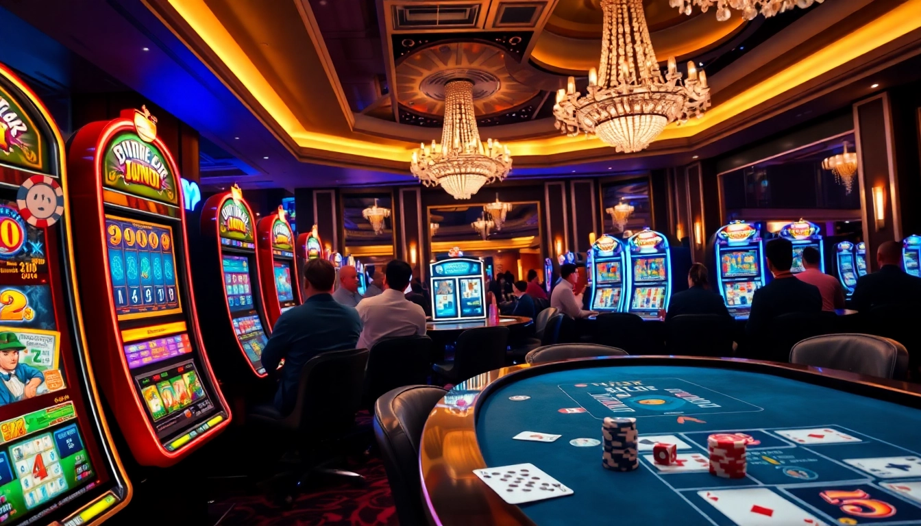 Menangkan jackpot dengan interwin official dalam suasana kasino yang megah dan menerangi mesin slot.