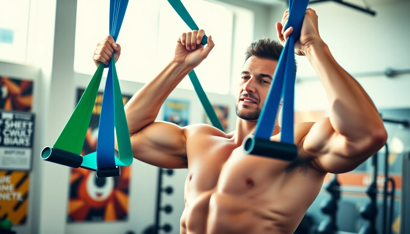 Resistance bands for pull-ups enhancing strength training in a bright gym environment.