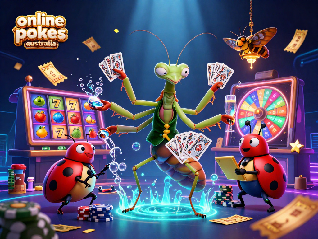 Experience thrilling online pokies Australia with colorful slot reels and lively characters in a vibrant casino scene.