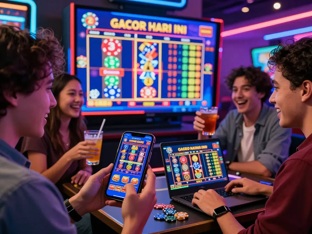 Players enjoying the vibrant slot gacor hari ini gaming experience in a lively casino setting featuring neon lights and digital displays.