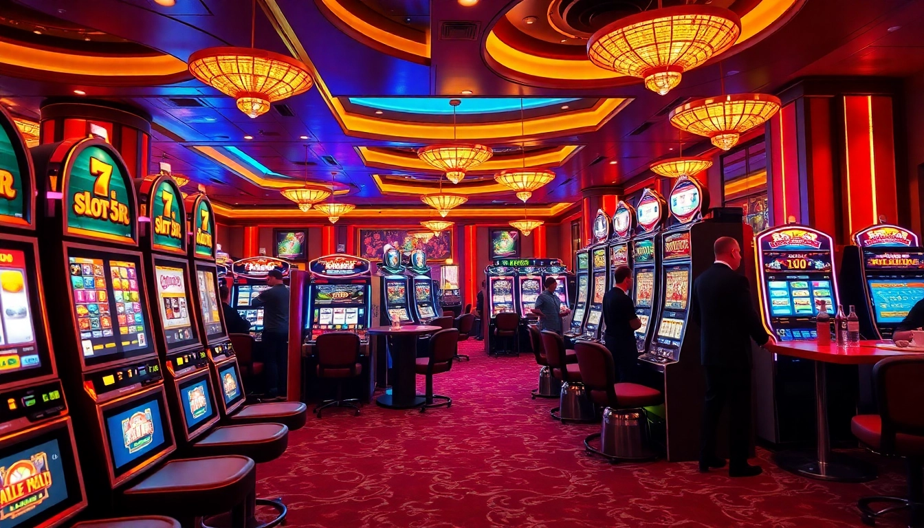 Enjoying a thrilling game of slot depo 5rb at a luxury casino with vibrant machines and cheering players.