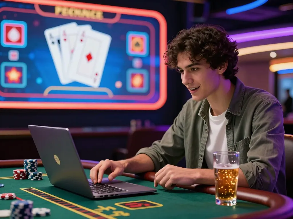 Engaging online baccarat player enjoying a vibrant casino atmosphere while gaming on a laptop.