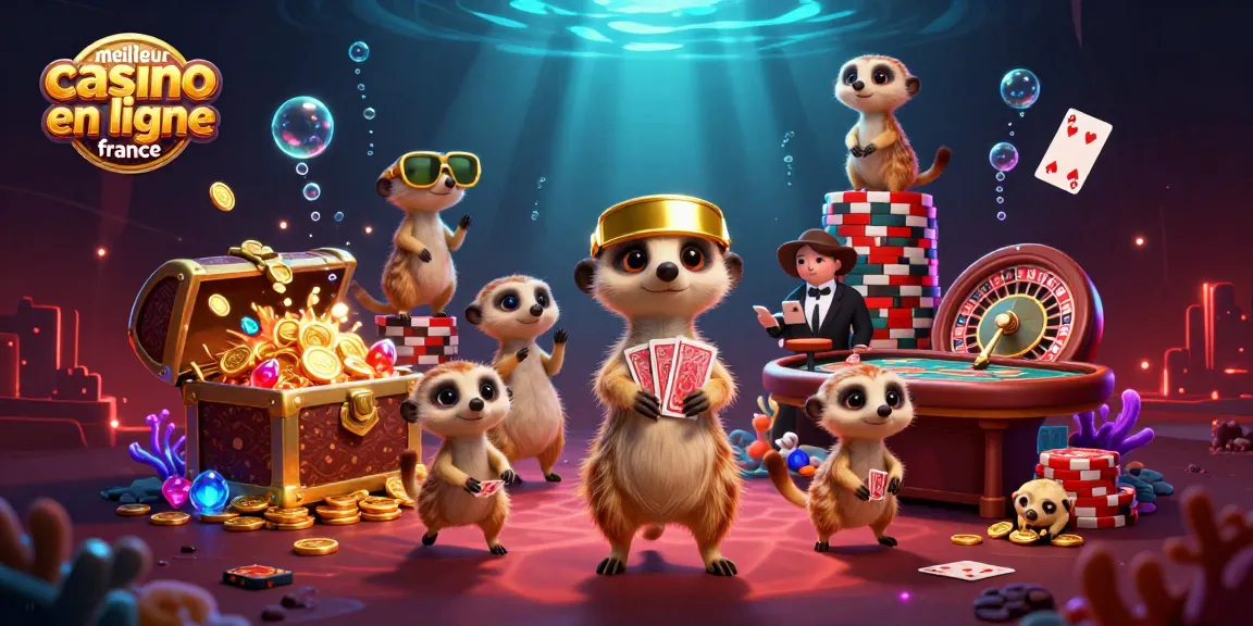 Plongez dans l'univers du meilleur casino en ligne France avec des suricates animant des jeux de table, entourés de trésors.
